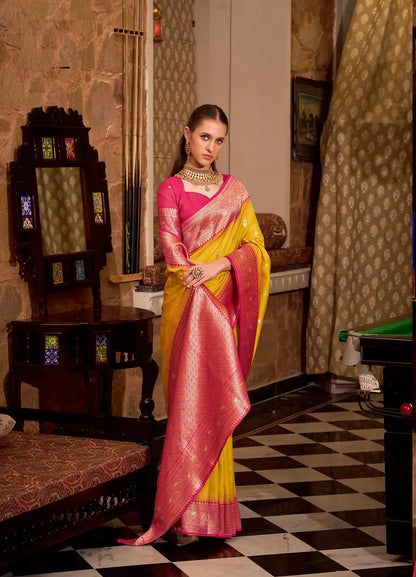Yellow Soft Silk  Zari Weaving  Saree With Contrast Border