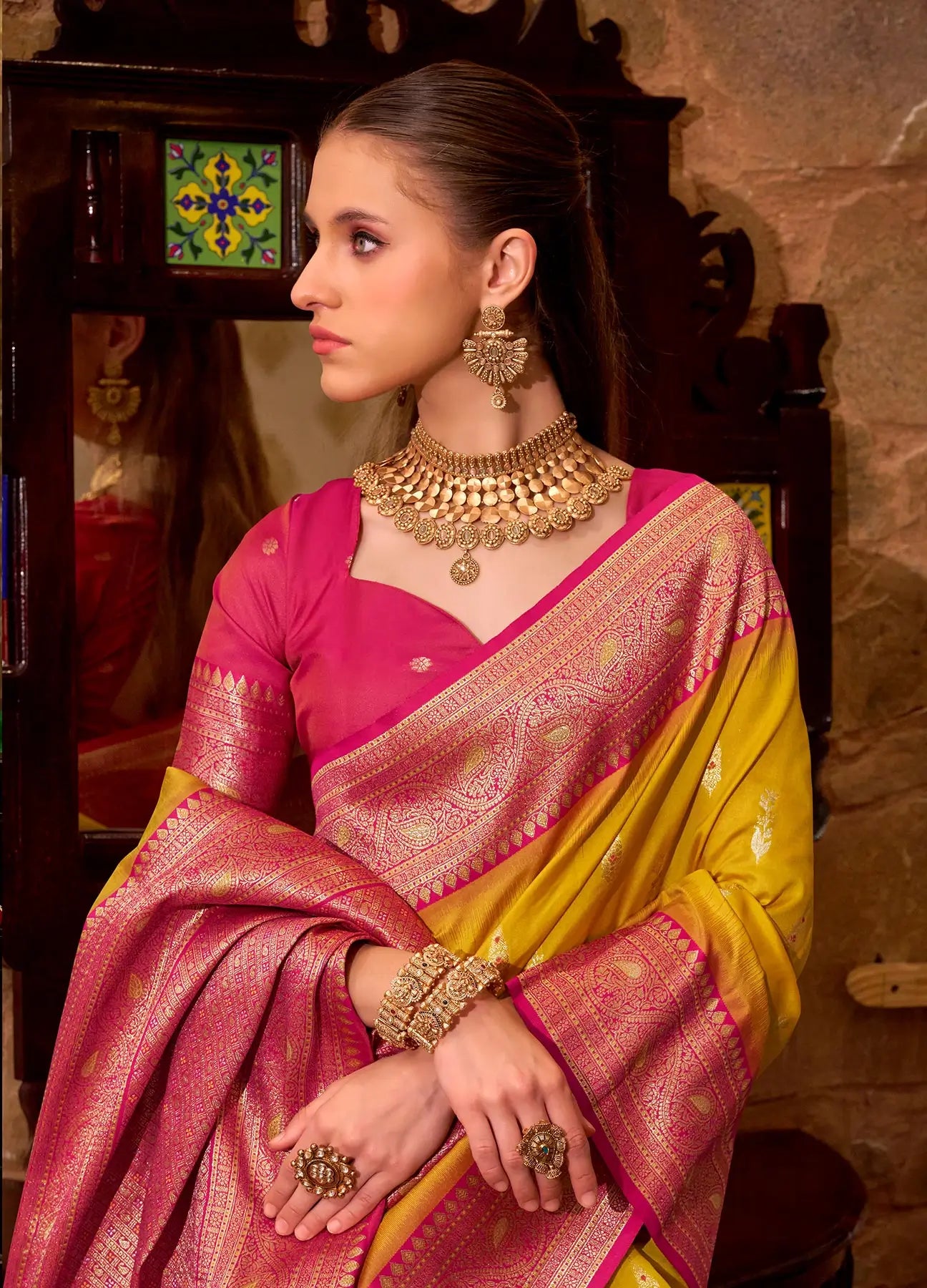 Yellow Soft Silk  Zari Weaving  Saree With Contrast Border