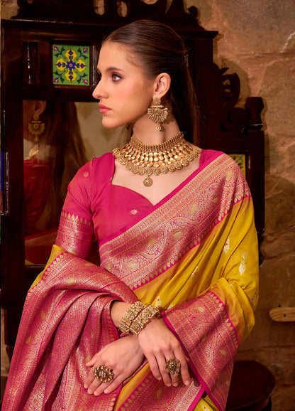 Yellow Soft Silk  Zari Weaving  Saree With Contrast Border