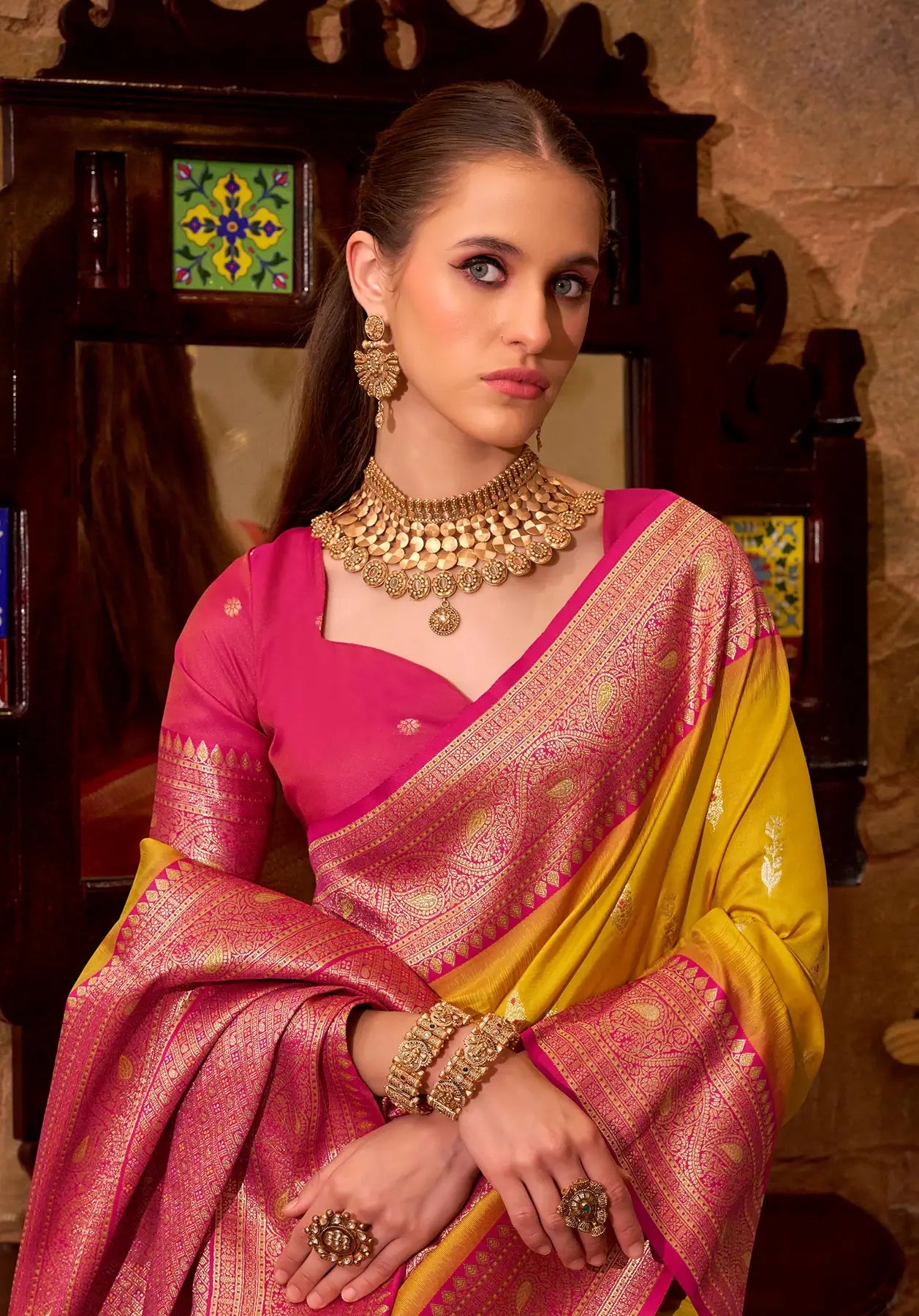 Yellow Soft Silk  Zari Weaving  Saree With Contrast Border