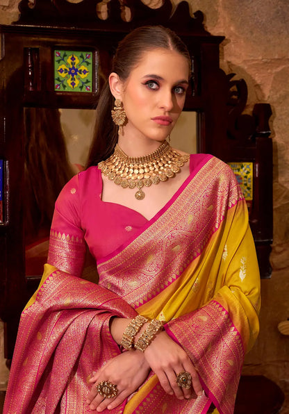 Yellow Soft Silk  Zari Weaving  Saree With Contrast Border