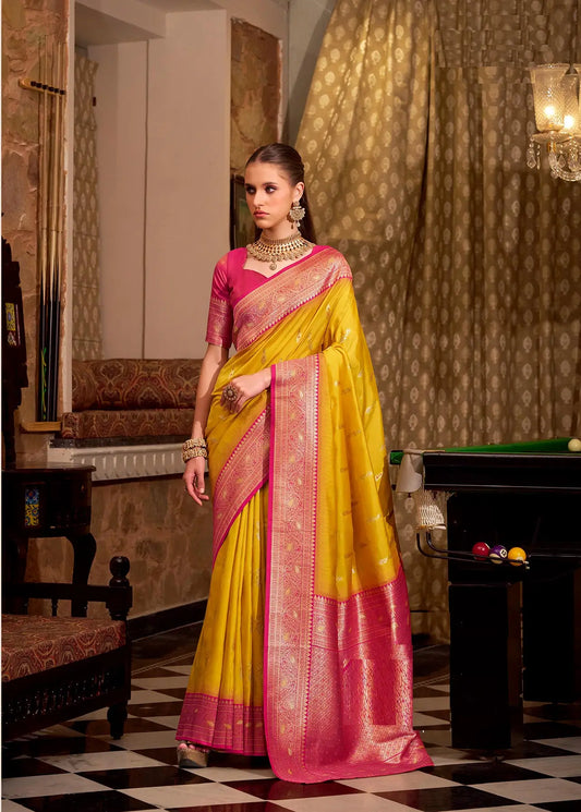 Yellow Soft Silk  Zari Weaving  Saree With Contrast Border