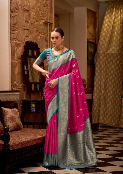 Drak Pink Soft Silk  Zari Weaving  Saree With Contrast Border