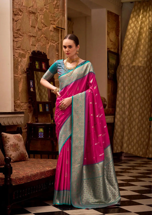 Drak Pink Soft Silk  Zari Weaving  Saree With Contrast Border