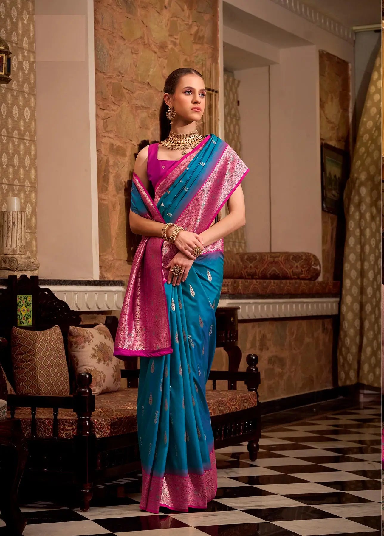 Dark Blue Soft Silk  Zari Weaving  Saree With Contrast Border