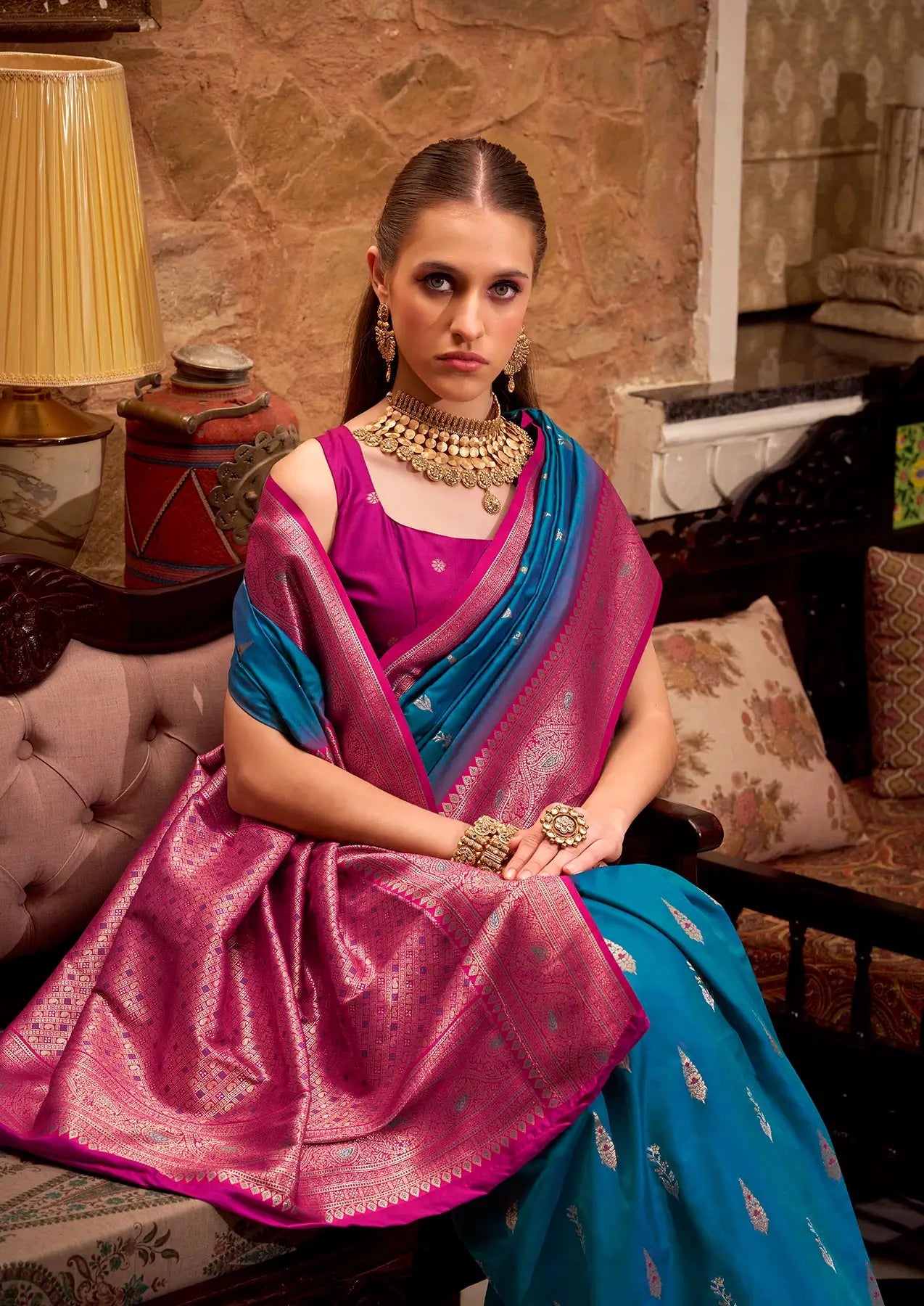 Dark Blue Soft Silk  Zari Weaving  Saree With Contrast Border