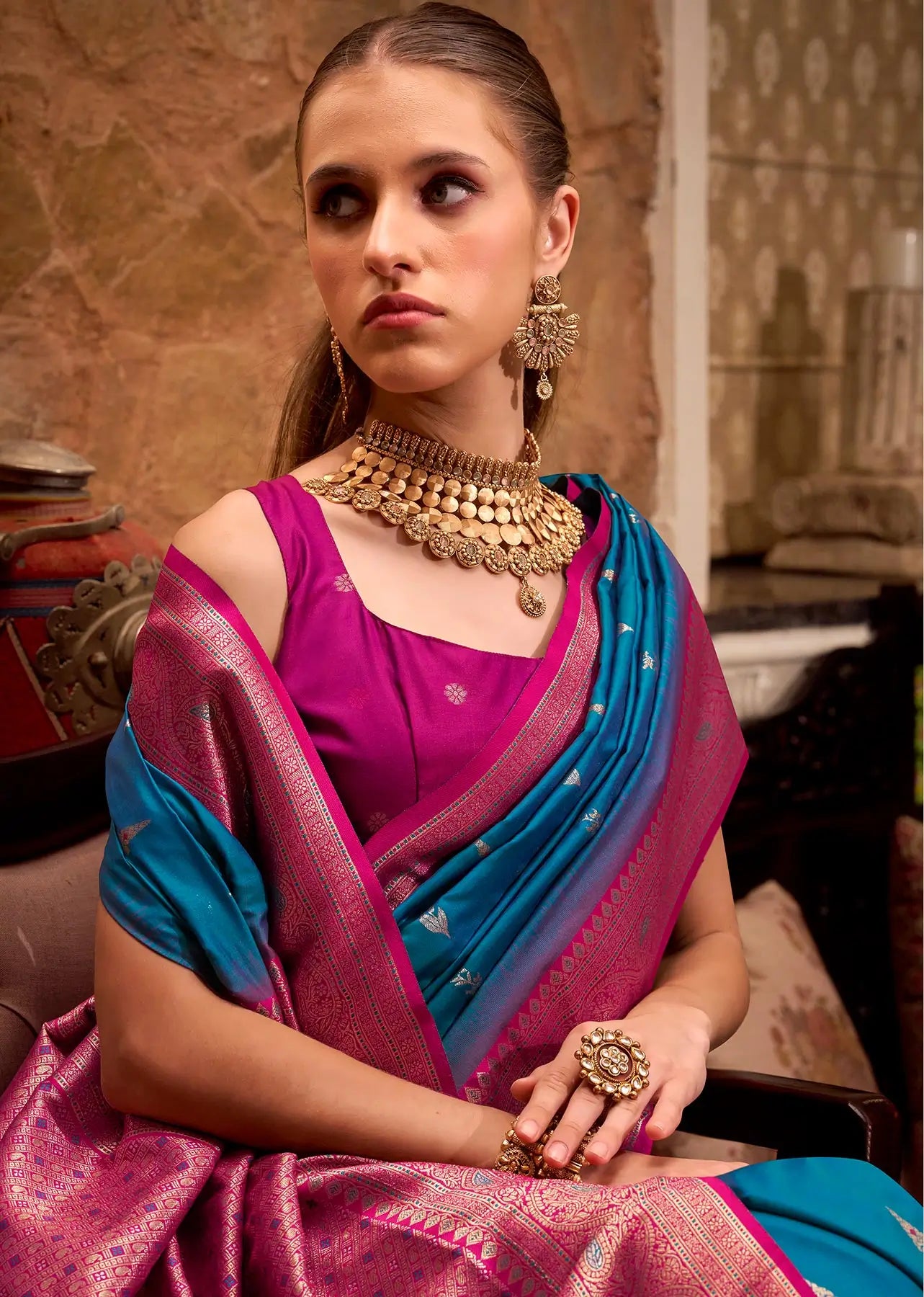 Dark Blue Soft Silk  Zari Weaving  Saree With Contrast Border