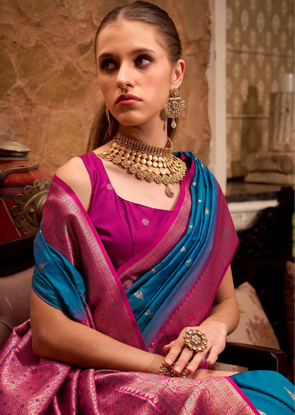Dark Blue Soft Silk  Zari Weaving  Saree With Contrast Border