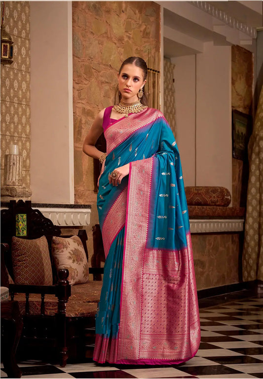 Dark Blue Soft Silk  Zari Weaving  Saree With Contrast Border