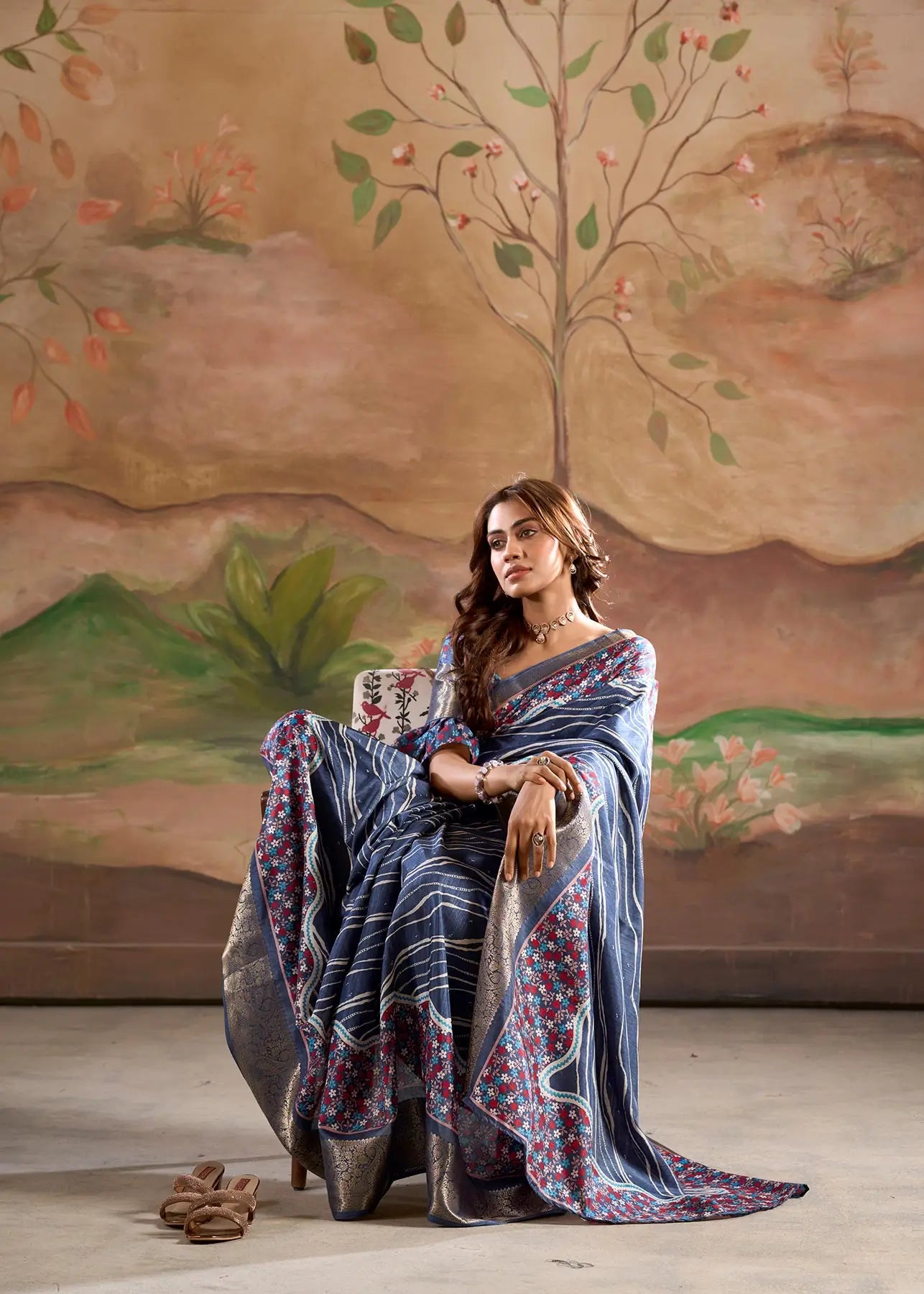 Dark Blue Dola Silk Printed Saree With Zari Border