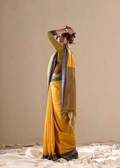 Yellow Handloom Silk Saree With Contarast Border