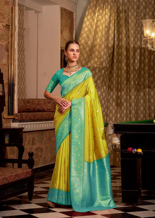 Lite Yellow Soft Silk  Zari Weaving  Saree With Contrast Border