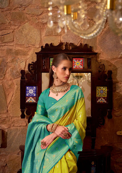 Lite Yellow Soft Silk  Zari Weaving  Saree With Contrast Border