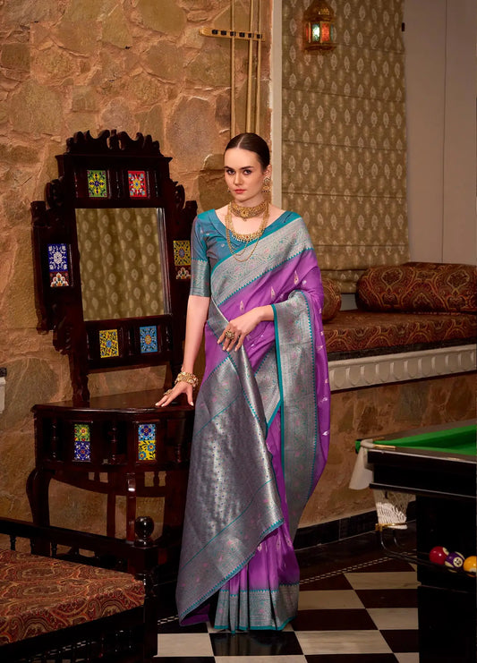 Purple Soft Silk  Zari Weaving  Saree With Contrast Border