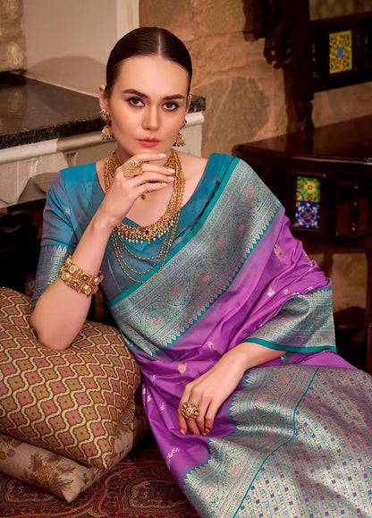 Purple Soft Silk  Zari Weaving  Saree With Contrast Border