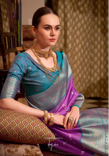 Purple Soft Silk  Zari Weaving  Saree With Contrast Border