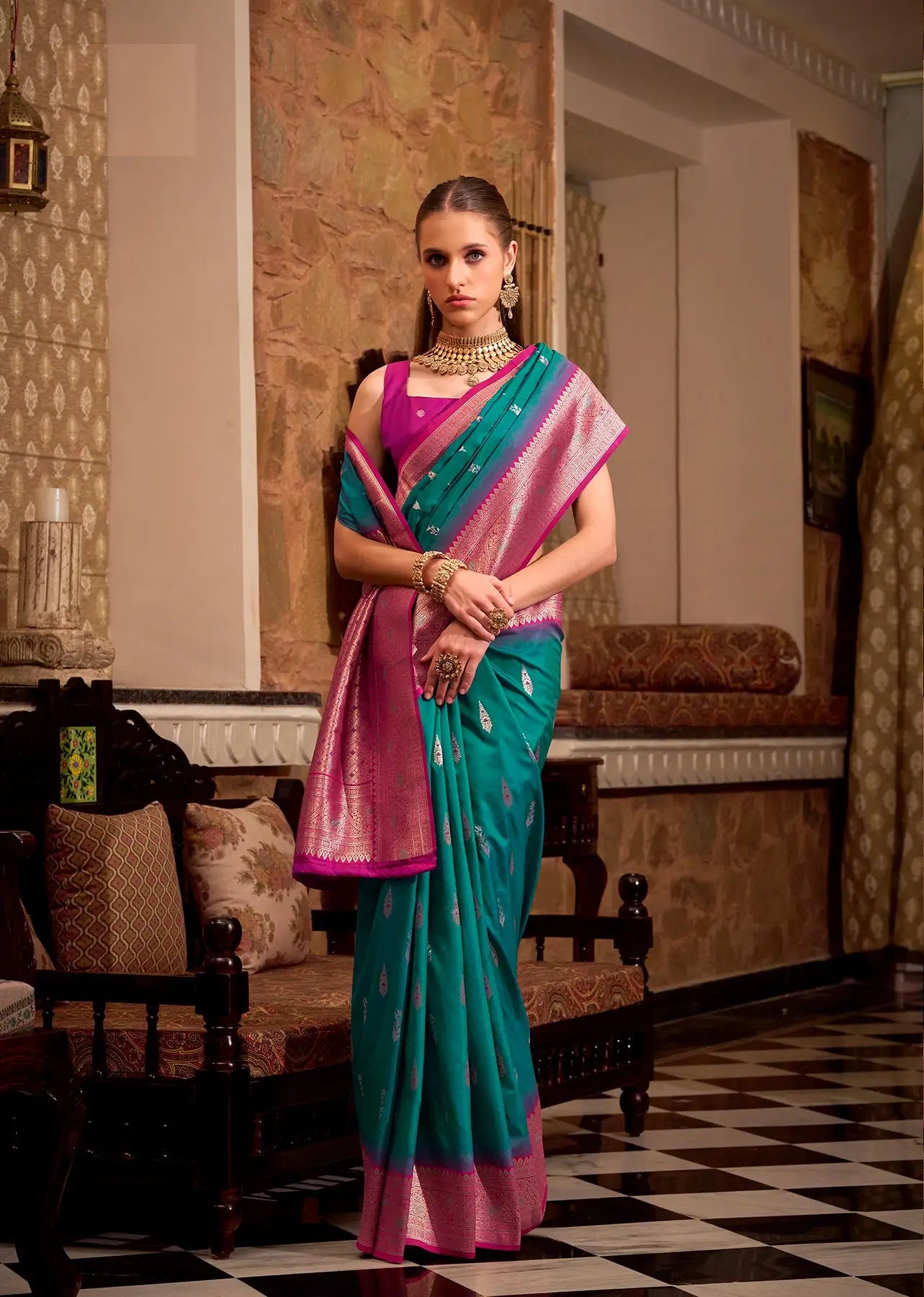 Aqua Blue Soft Silk  Zari Weaving  Saree With Contrast Border