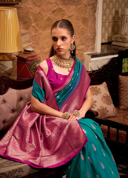 Aqua Blue Soft Silk  Zari Weaving  Saree With Contrast Border