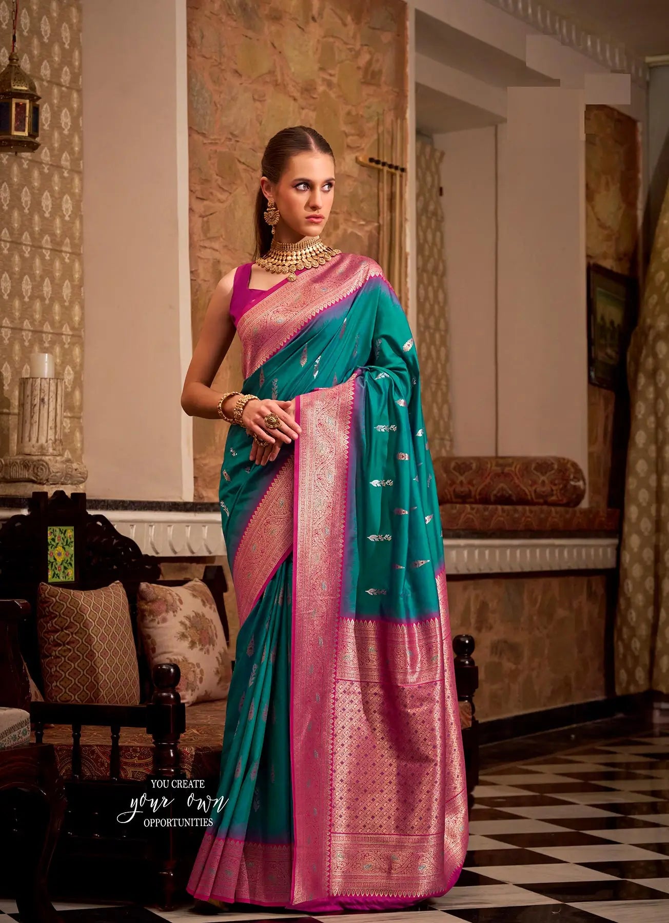 Aqua Blue Soft Silk  Zari Weaving  Saree With Contrast Border