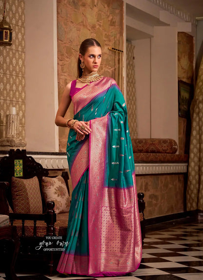 Aqua Blue Soft Silk  Zari Weaving  Saree With Contrast Border