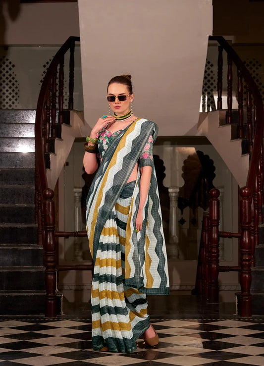 Green Linen Cotton Silk Saree