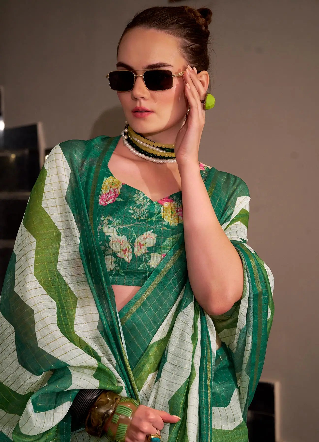 Green  Linen Cotton Silk Saree