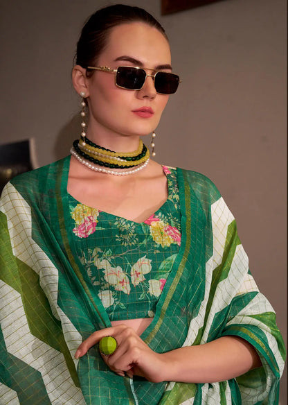Green  Linen Cotton Silk Saree
