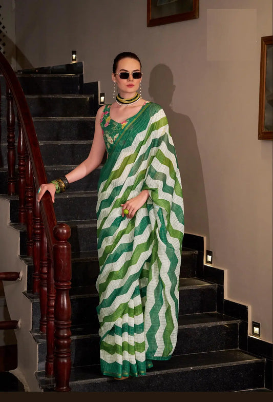 Green  Linen Cotton Silk Saree