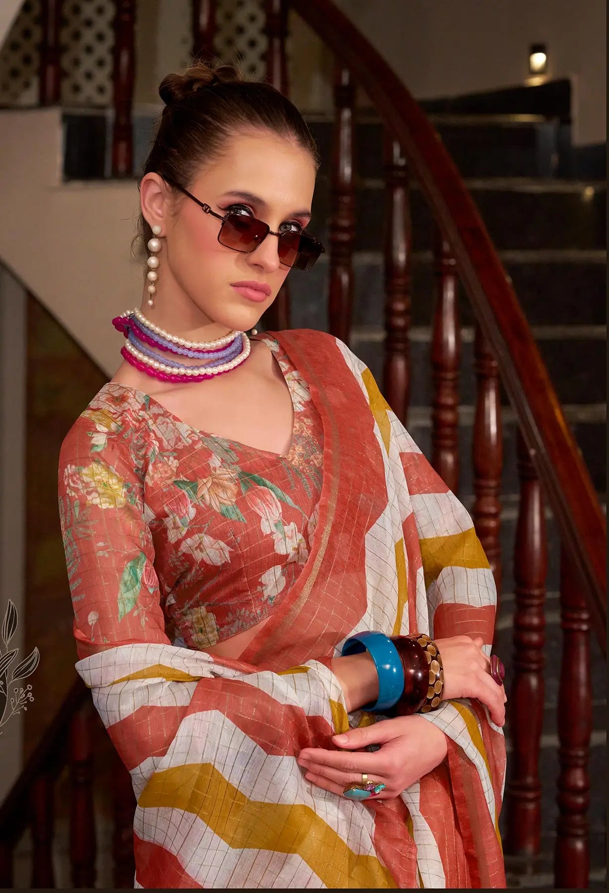 Orange Linen Cotton Silk Saree
