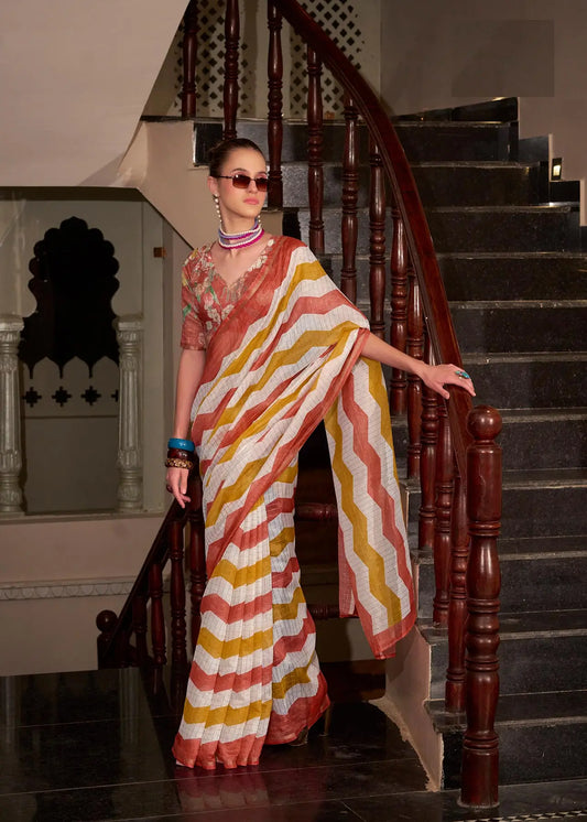 Orange Linen Cotton Silk Saree