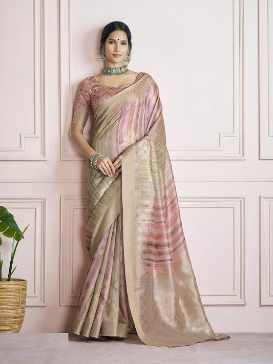 MultiColor Handloom Khadi Silk Saree with Digital Print & Zari  Border