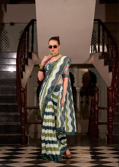 Dark Green Linen Cotton Silk Saree