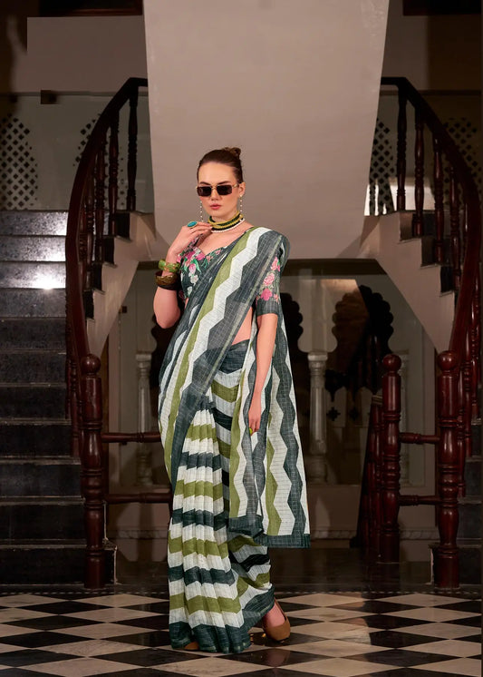 Dark Green Linen Cotton Silk Saree