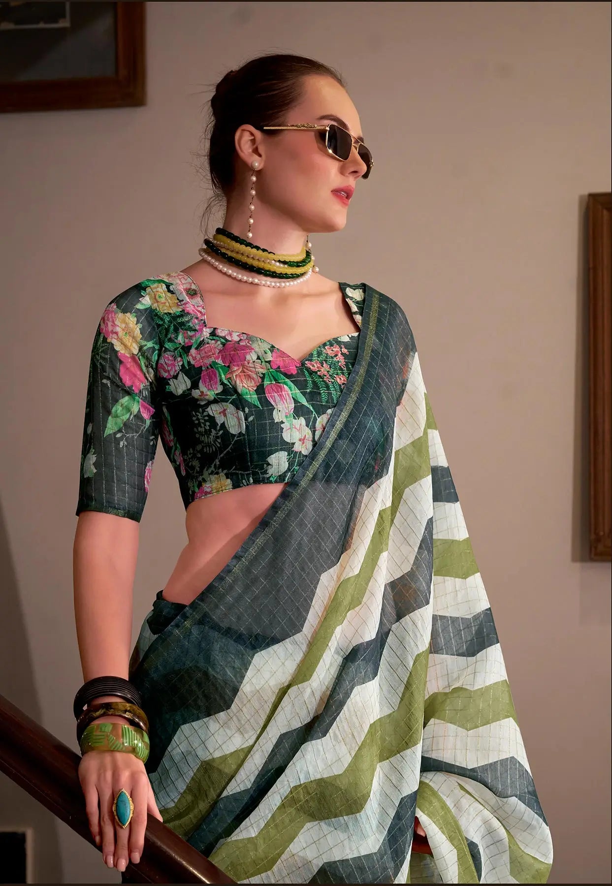 Dark Green Linen Cotton Silk Saree