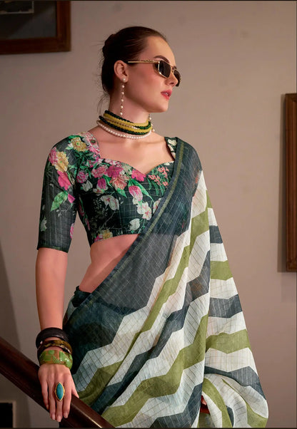 Dark Green Linen Cotton Silk Saree
