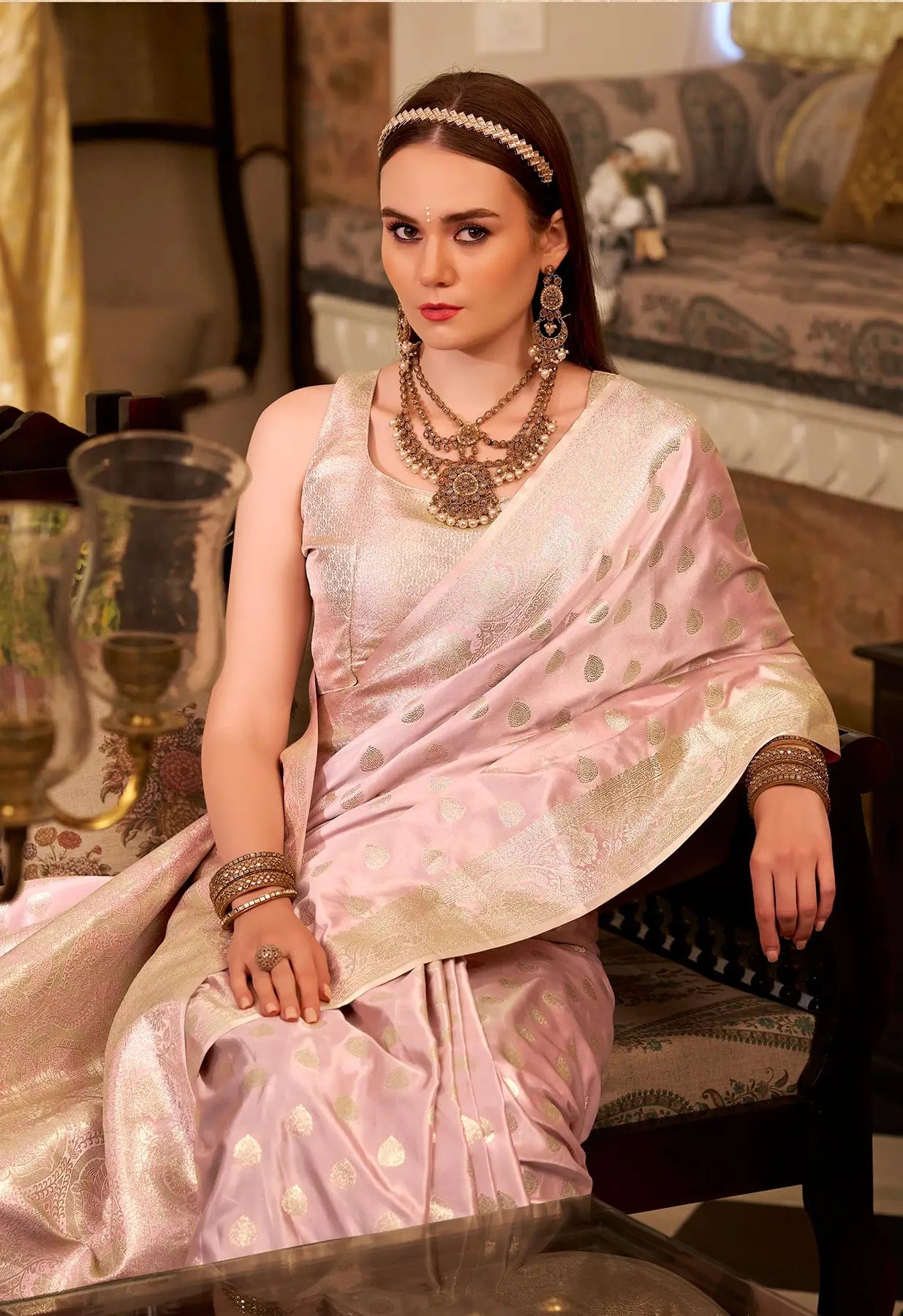 Peach Soft Satin Silk Saree  With Zari Weaving