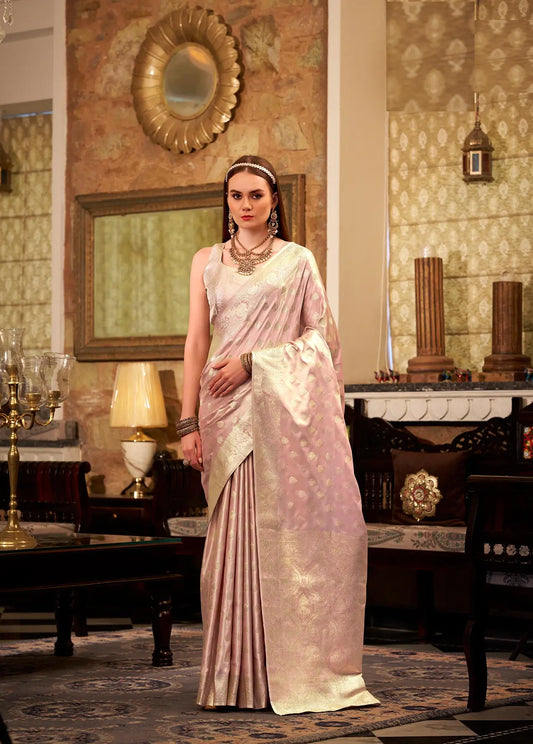 Peach Soft Satin Silk Saree  With Zari Weaving