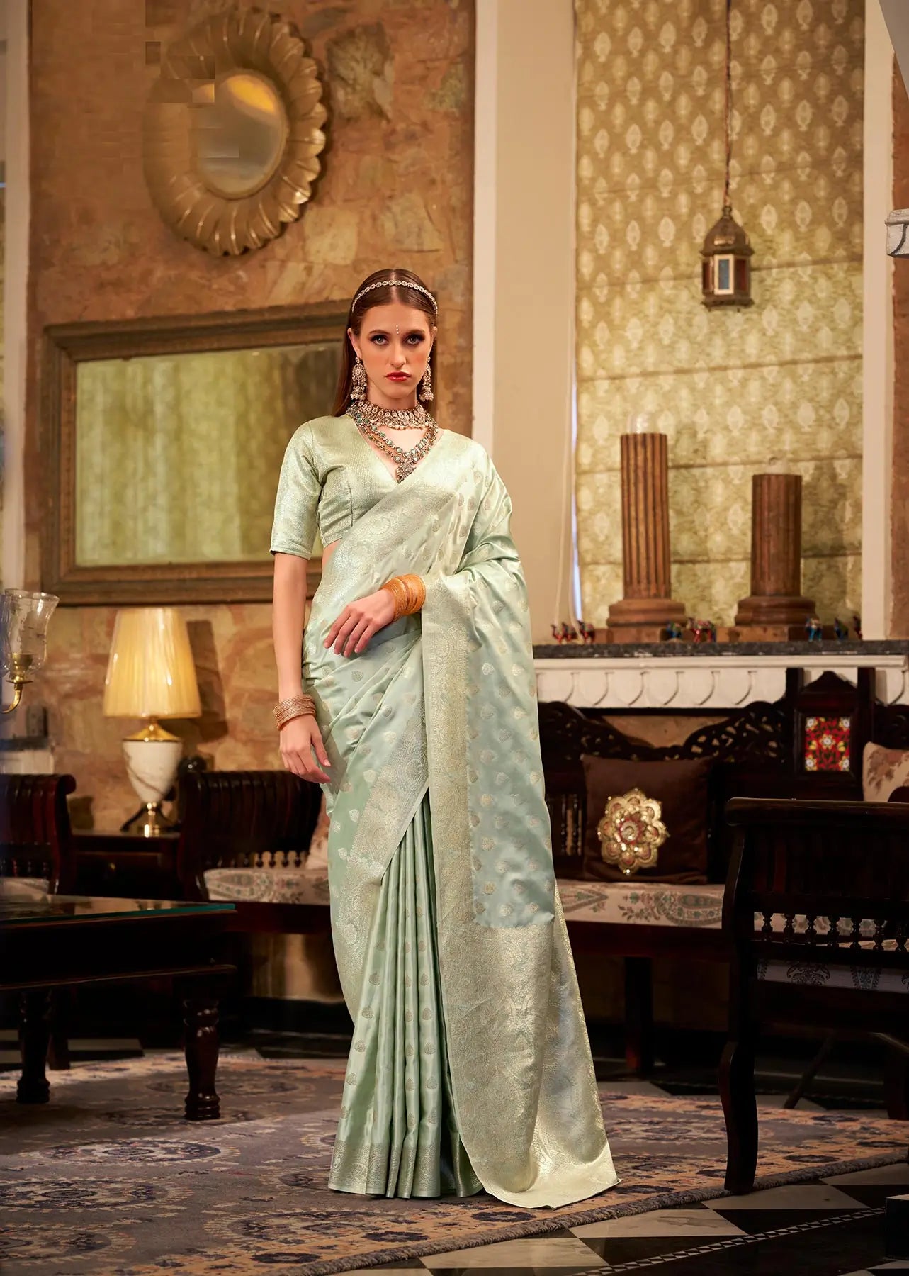 Pista Soft Satin Silk Saree  With Zari Weaving