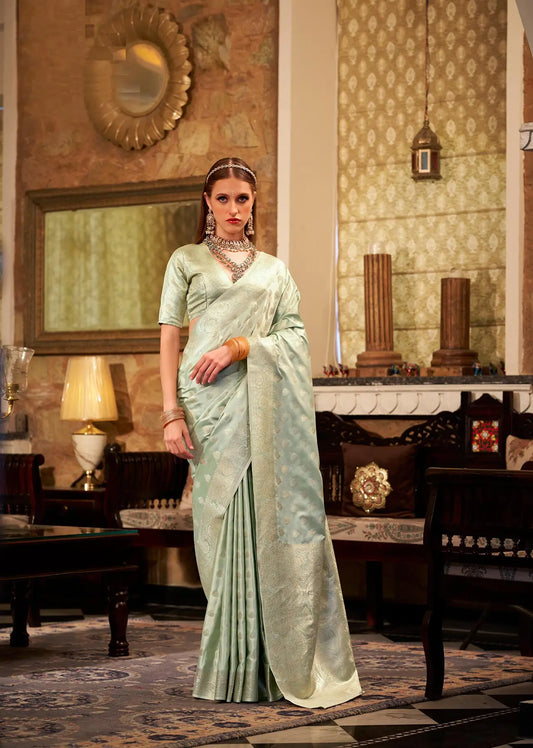 Pista Soft Satin Silk Saree  With Zari Weaving