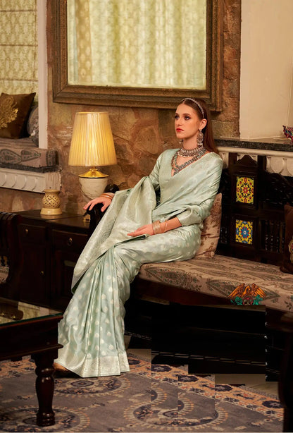 Pista Soft Satin Silk Saree  With Zari Weaving