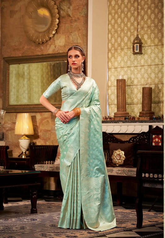 Green Soft Satin Silk Saree  With Zari Weaving