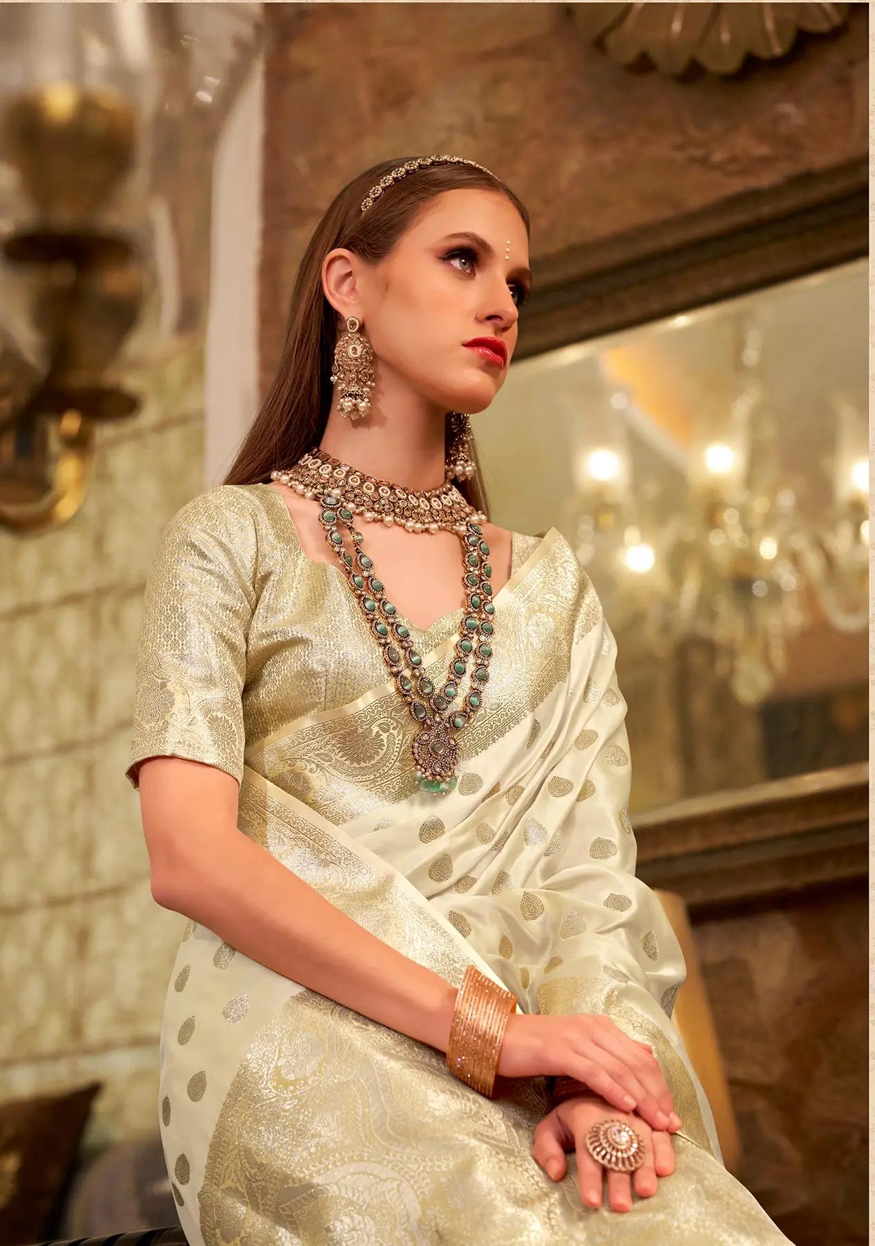 White  Soft Satin Silk Saree  With Zari Weaving