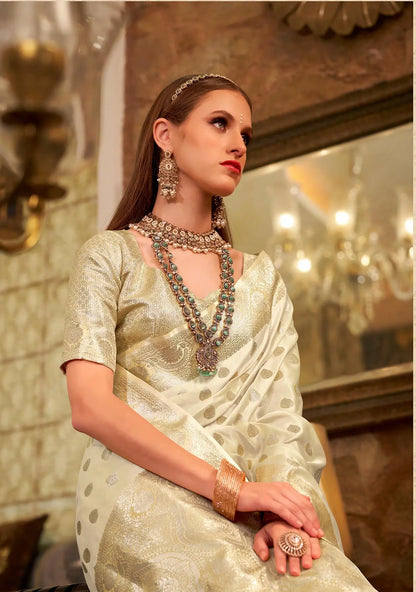 White  Soft Satin Silk Saree  With Zari Weaving