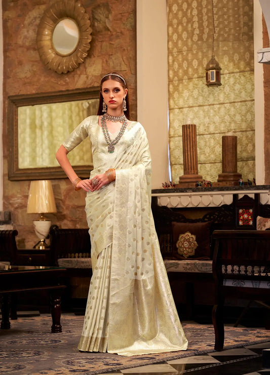 White  Soft Satin Silk Saree  With Zari Weaving
