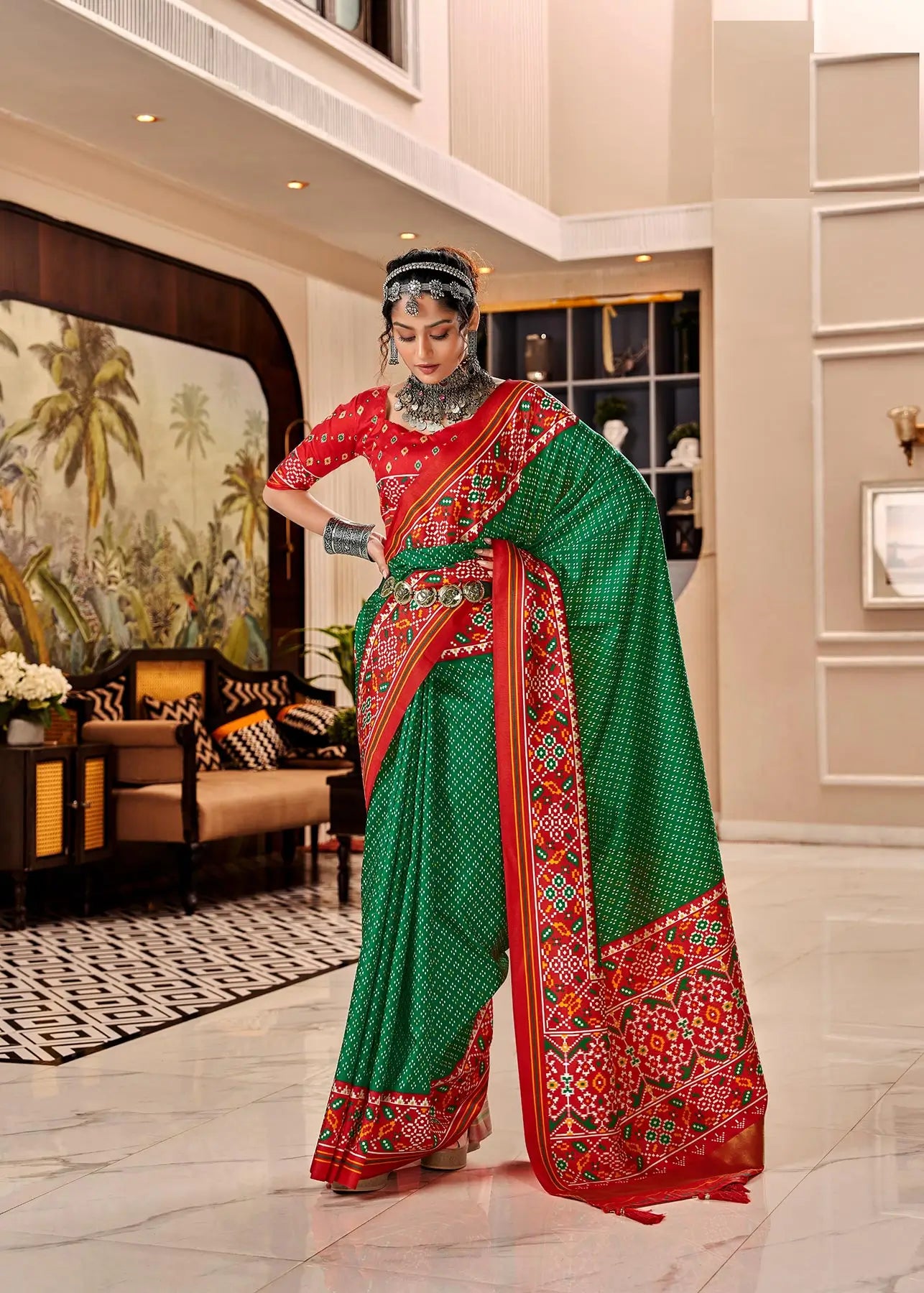 Dark Green  Handloom Silk Saree with Patola Print & Tassel Pallu