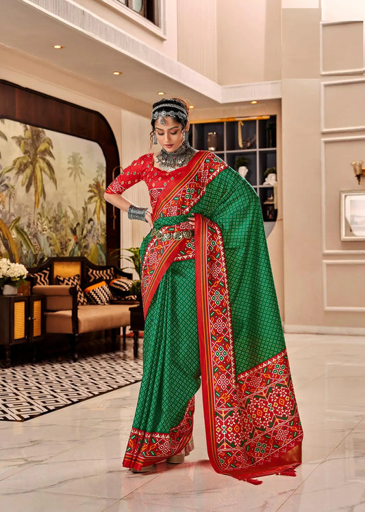 Dark Green  Handloom Silk Saree with Patola Print & Tassel Pallu