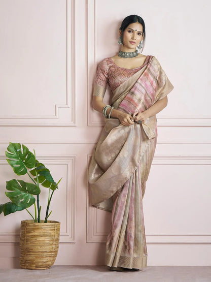 MultiColor Handloom Khadi Silk Saree with Digital Print & Zari  Border