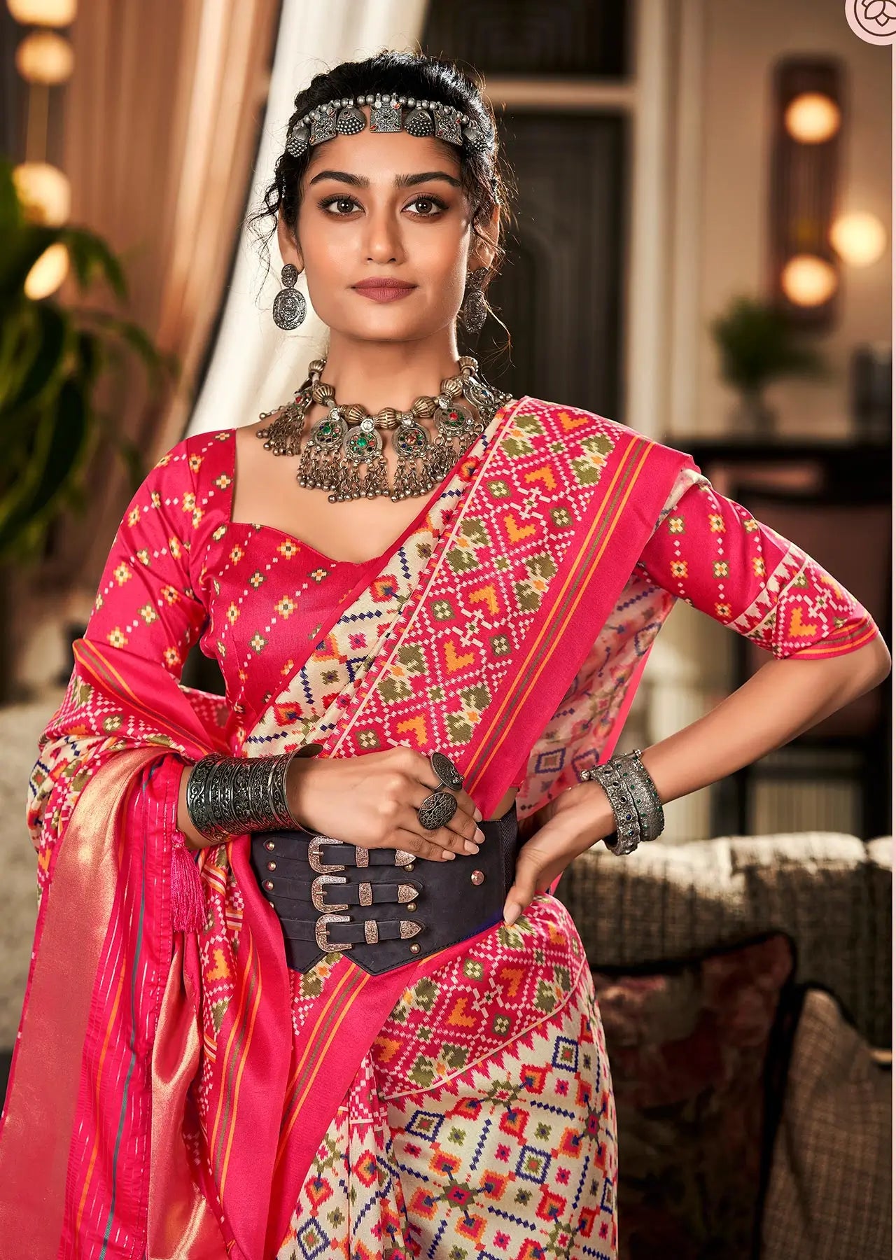 Beige Handloom Silk Saree with Patola Print & Tassel Pallu