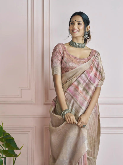 MultiColor Handloom Khadi Silk Saree with Digital Print & Zari  Border