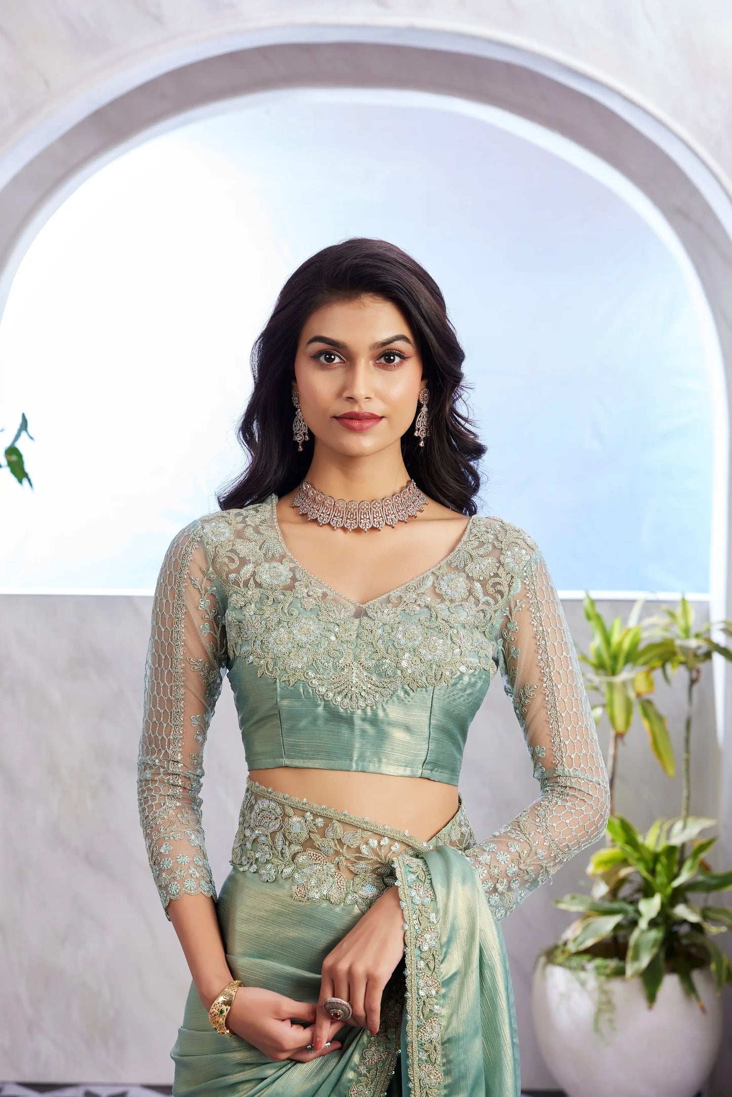 Pista Green Gold Shimmer Silk Saree With Unstitched Blouse